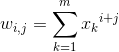 w_{i, j}=sum_{k=1}^{m}{x_k}^{i+j}